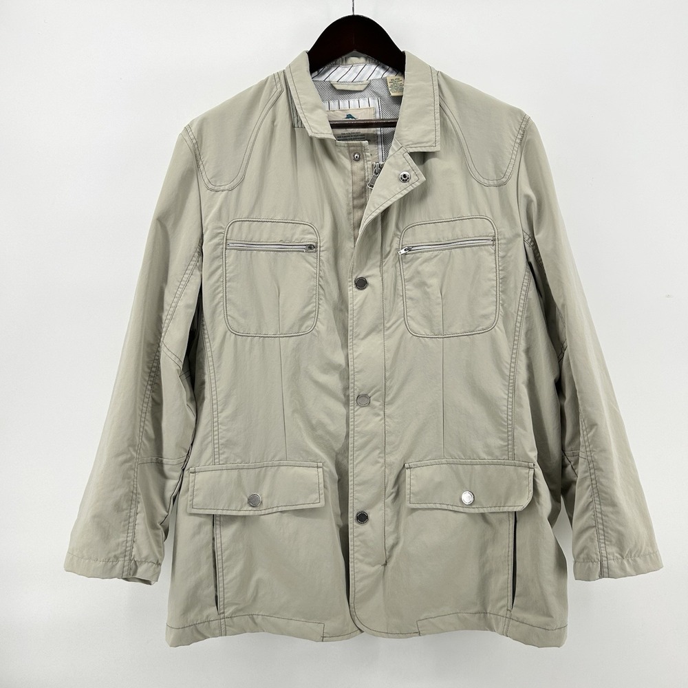 Tommy Bahama Field Jacket Mens XL Beige Utility Safari Travel Multi Pocket